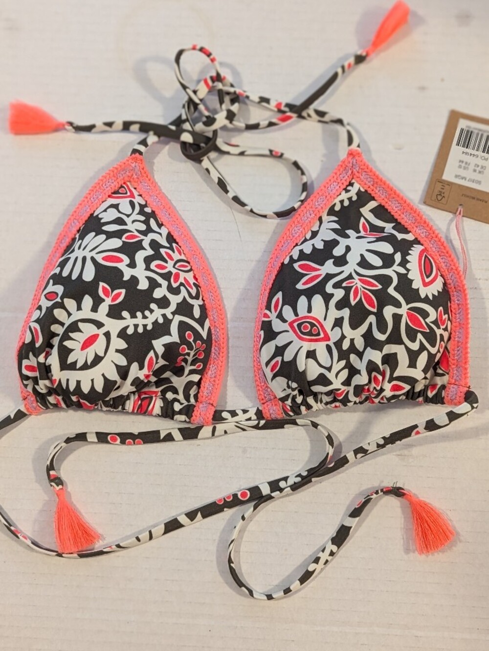 NEW Boden Symi Triangle String Bikini Top Sz 12 Non Wired Padded Olive Hot Pink